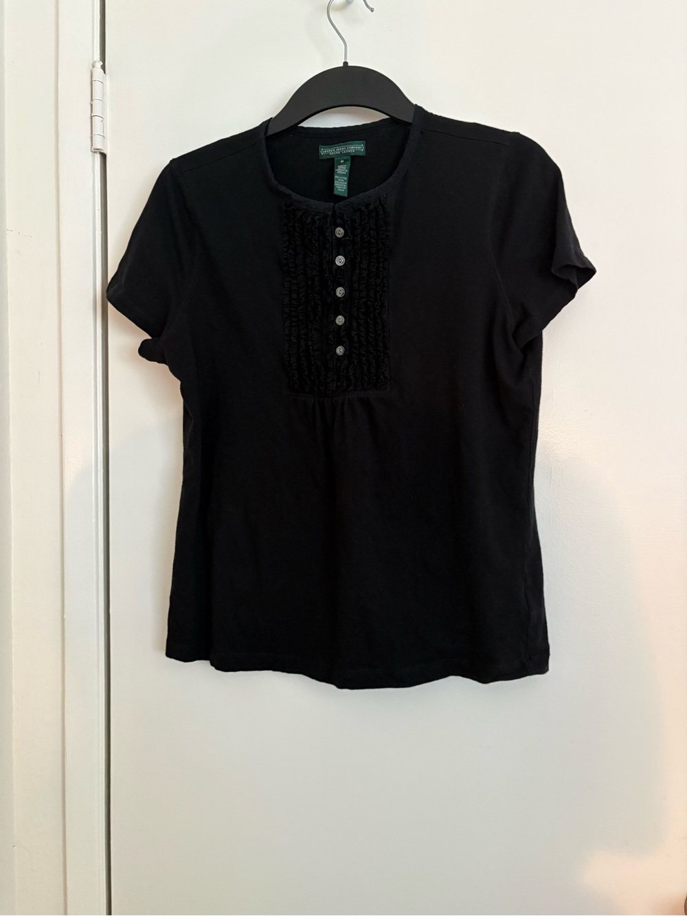 Vintage Lauren Ralph Lauren Black Short-Sleeve Ruffle-Pleat Button Top